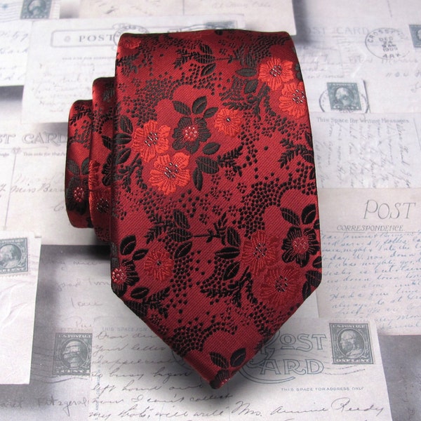 Necktie Red Black Floral Tie With Matching Pocket Square Option