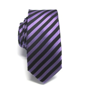Mens Slim Tie Purple and Black Stripes Skinny Necktie