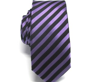 Mens Slim Tie Purple and Black Stripes Skinny Necktie