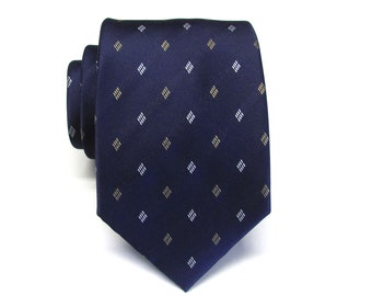 Mens Tie Navy Blue Tan Silver Neat Pattern Mens Necktie