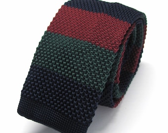 Corbata de punto azul marino verde bosque burdeos rojo oscuro a rayas corbata de punto para hombre