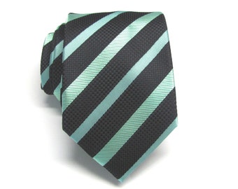 Mens Tie. Black Green Stripes Mens Necktie With Matching Pocket Square Option