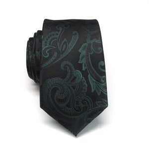 Dark Forest Juniper Green Paisley Floral on Black Slim Modern Fit Necktie with Matching Pocket Square Option. Wedding Ties.