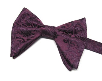 Eggplant Purple Paisley Butterfly Bow Tie Tom Ford Inspired Tear Drop Long Pretied Bow Tie With Matching Pocket Square Handkerchief Option