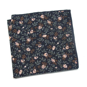 Pocket Square Navy Blue Green Peach Floral Cotton Hanky Handkerchief