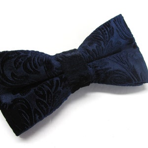 Navy Blue Velvet Bow Tie Floral Embossed Bowtie With Matching Pocket Square