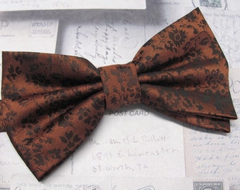 Mens Bowtie Copper Orange Rust Floral Bow tie With Matching Pocket Square Option