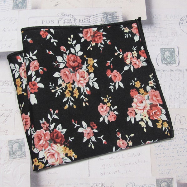 Pocket Square Cotton Black Pink Green Floral Hanky Handkerchief