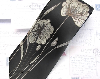 Mens Necktie Brown Floral on Black Tie With Matching Pocket Square Option