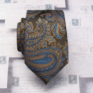 Brown Rust Royal Blue Paisley Necktie with Matching Pocket Square Option