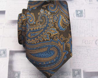 SALE Brown Rust Royal Blue Paisley Necktie with Matching Pocket Square
