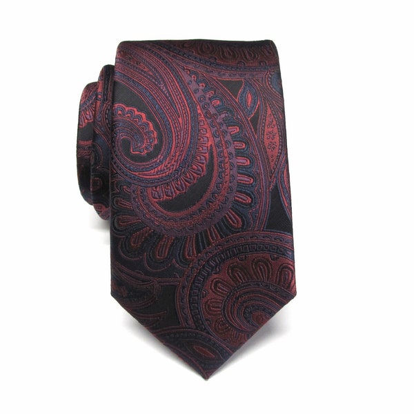 Mens Tie Burgundy Purple Black Floral Paisley Silk Necktie With Matching Pocket Square Option