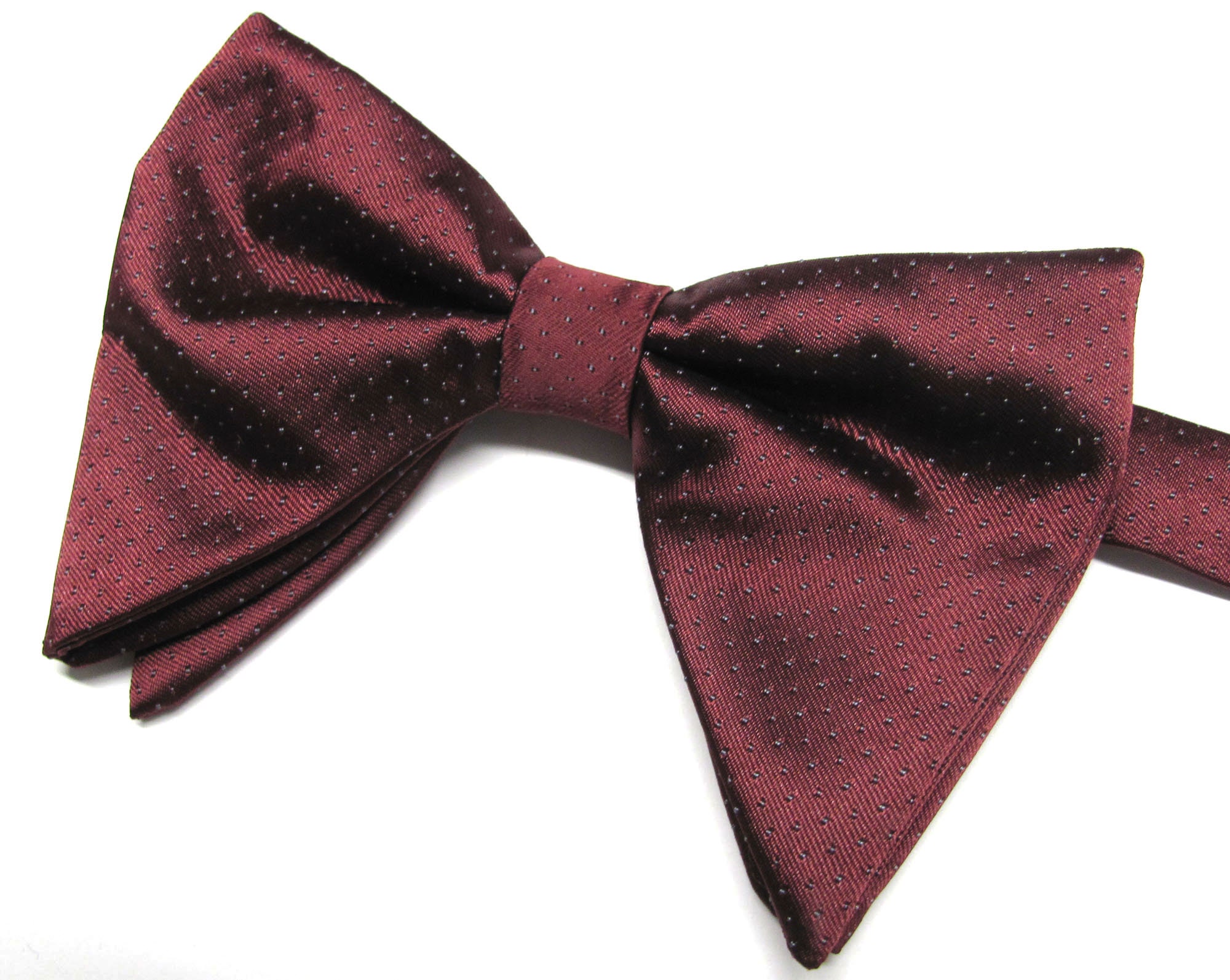 Burgundy Gray Dot Butterfly Bow Tie Dark Red Tear Drop Long Pre tied Bow Tie With Matching Pocket Square Handkerchief