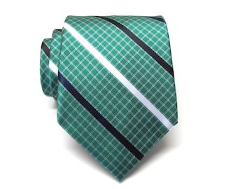 Mens Necktie Green Navy Blue and White Stripes Silk Mens Tie