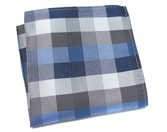 Pocket Square Blue Black Gray Ivory Checked Hanky Handkerchief