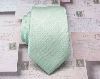 Green Mens Ties Light Sage Dusty Mint Green Plaid Mens Necktie with Matching Pocket Square Option. Wedding Ties.