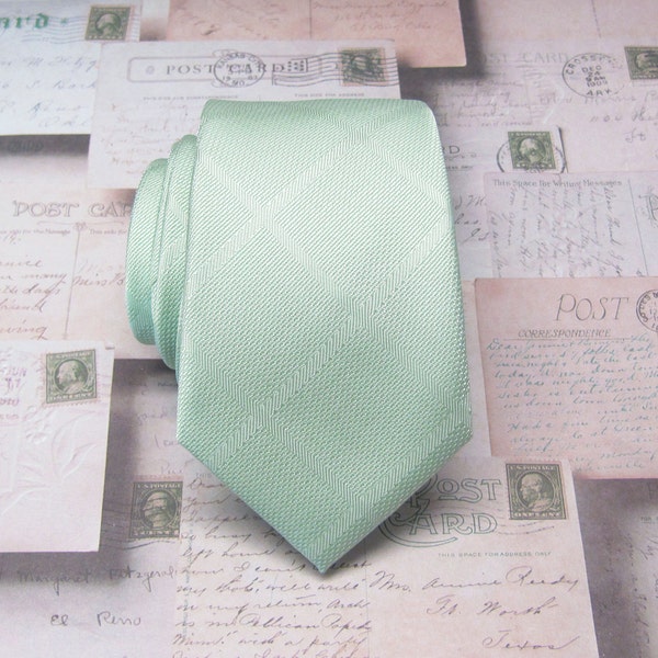 Green Mens Ties. Narrow Ties. Light Sage Dusty Mint Green Plaid Mens Necktie with Matching Pocket Square Option. Wedding Ties.