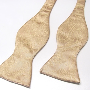 May include: A beige bow tie with a gold paisley pattern.