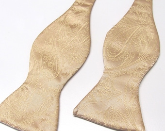 Free Style Mens Bow Tie. Dusty Gold Paisley Self Tie Bowtie With Matching Pocket Square Option