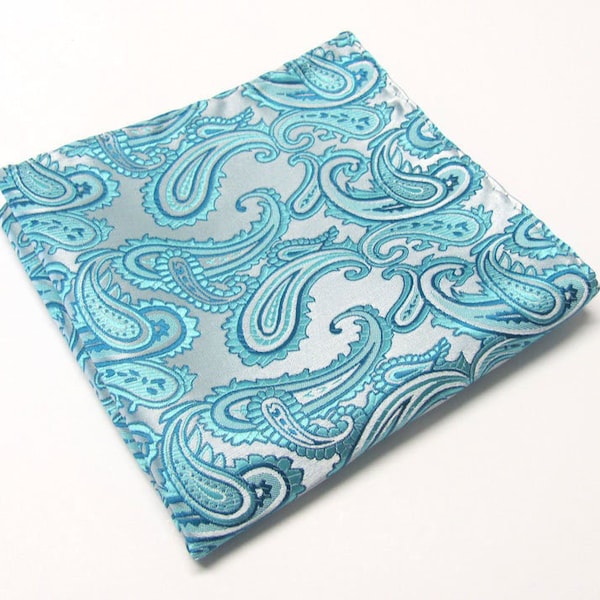 Pocket Square Aqua Teal Turquoise Blue Paisley Hanky Handkerchief