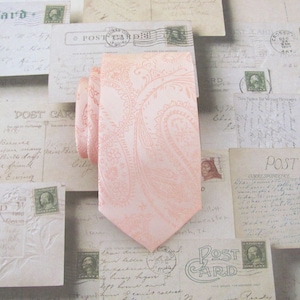 Necktie Pale Peach Paisley Mens Skinny Tie With Matching Pocket Square Option
