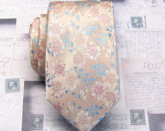 NEW! Mens Ties Pastel Pink Periwinkle Blue Floral on Pink Champagne Background Necktie