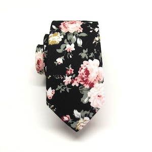 Cotton Mens Tie. Cotton Black Pink Green Floral Skinny Necktie With Matching Pocket Square Option