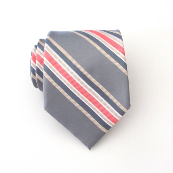 Mens Tie. Silver Gray Coral Pink Beige Stripes Mens Necktie with Matching Pocket Square Option