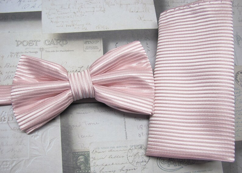 Mens Bowtie. Pale Pink Stripes Bowtie With Matching Pocket Square Option image 3