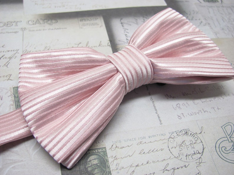 Mens Bowtie. Pale Pink Stripes Bowtie With Matching Pocket Square Option image 1