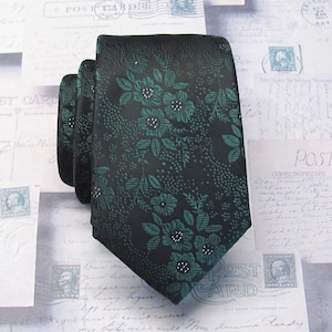 NEW! Mens Ties Dark Forest Green Floral on Black Background Necktie With Matching Pocket Square Option