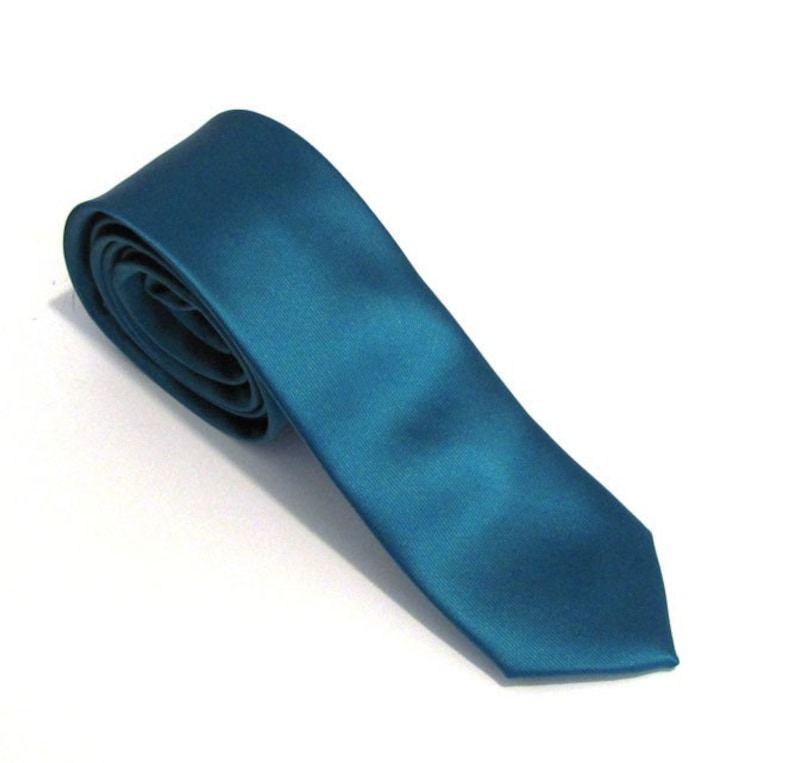 Mens Necktie Teal Silk Skinny Necktie With Matching Pocket Square Handkerchief Option image 1