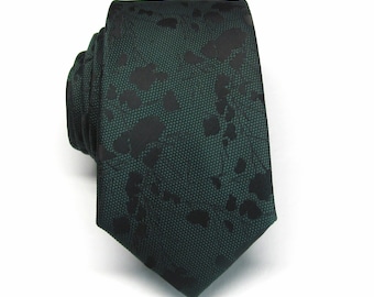 Cravate homme vert forêt foncé noire florale, coupe moderne, cravate fine avec pochette de costume assortie