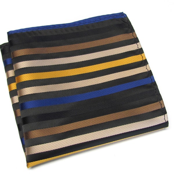 Pocket Square Black Brown Tan Gold Royal Blue Stripe Hanky Handkerchief