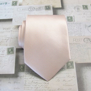 Mens Ties. Pastel Peach Pale Apricot Petal Angel Blush Checkered Pattern Silk Necktie With Matching Pocket Square Option