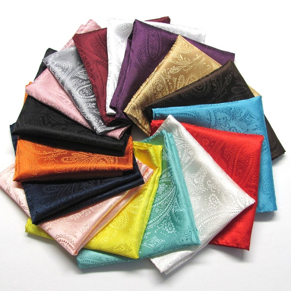 Pocket Square Mens Hankerchief Hanky Paisley Red Ivory Green Yellow Peach Blue Orange Black Pink Silver Burgundy White Purple Gold Black