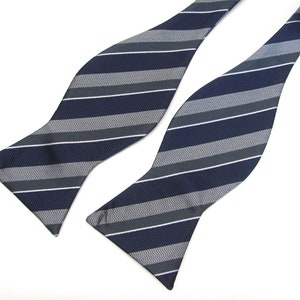 Mens Self Tie Bow Ties. Navy Blue Gray Silver Striped Free Style Bowtie With Matching Pocket Square