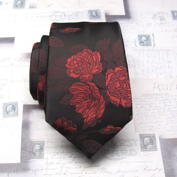 Mens Tie Black Red Floral Silk Necktie With Matching Pocket Square Option
