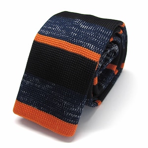 Knit Tie Black Navy Blue Orange Rust Striped Knitted Mens Necktie