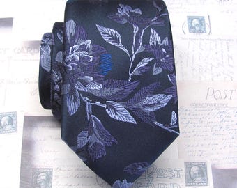 NEW! Mens Ties Purple Royal Blue Floral on Dark Blue Necktie with Matching Pocket Square Option