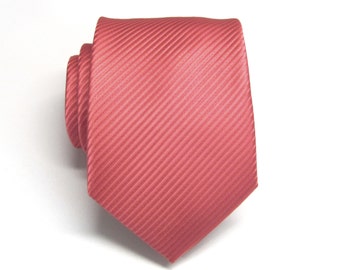 Coral Ties. Mens Tie. Coral Pink Stripes Necktie With Matching Pocket Square Option