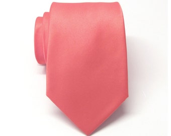 Guava Coral Mens Tie With Matching Pocket Square.  Guava Coral Neckties With Matching Handkerchief Option