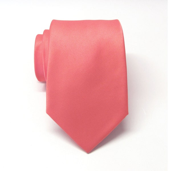 Guava Coral Mens Tie With Matching Pocket Square.  Guava Coral Neckties With Matching Handkerchief Option