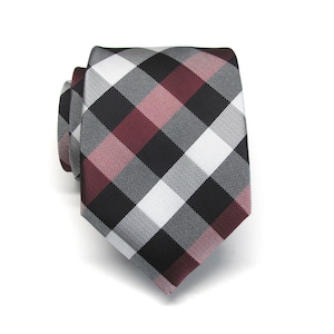 Mens Tie Burgundy Red Black White Checked Necktie With Matching Pocket Square Option