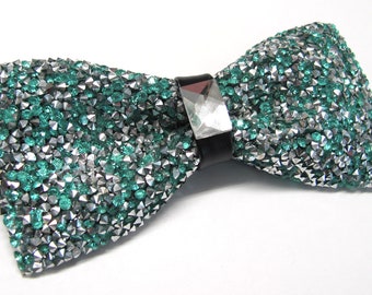 Mens Crystal Bow Tie Beaded Green Silver Adjustable Pre Tied Bow Tie