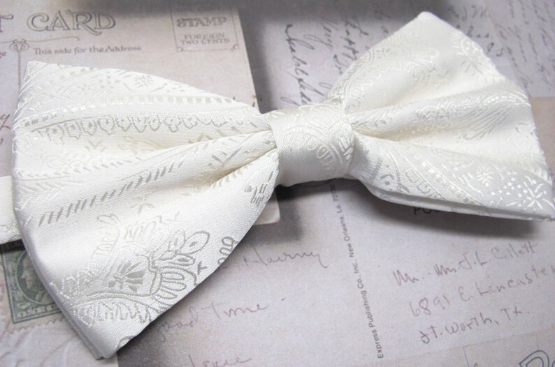 Mens Bowties. Ivory Paisley Bow tie With Matching Pocket Square Option image 1