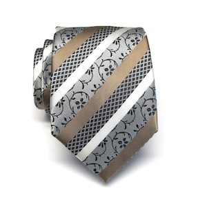 Mens Ties Gray Ivory Taupe Stripe Floral Mens Silk Necktie