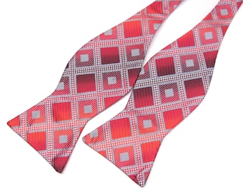 CLEARANCE SALE Mens Self Tie Bow Ties. Red Gray Plaid Free Style Bowtie With Matching Pocket Square