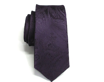 Grape Purple Paisley Tie. Mens Tie. Plum Purple Paisley Mens Skinny Necktie Pocket Square Optional