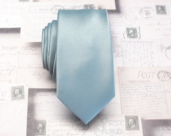Mens Tie Dusty Blue Skinny Silk Necktie With Matching Pocket Square Handkerchief Option